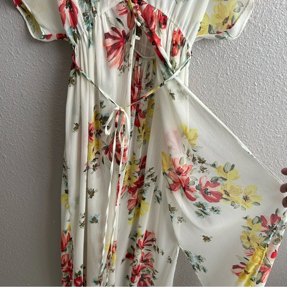 Zara sheer cream floral short sleeve coverup‎ maxi kimono duster